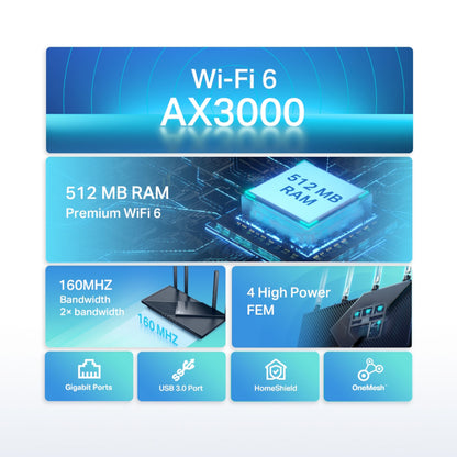 TP-Link Archer AX55 trådløs router AX3000, 512MB RAM, 160MHz, 4 FEM, gigabit porte, USB 3.0, HomeShield, OneMesh.