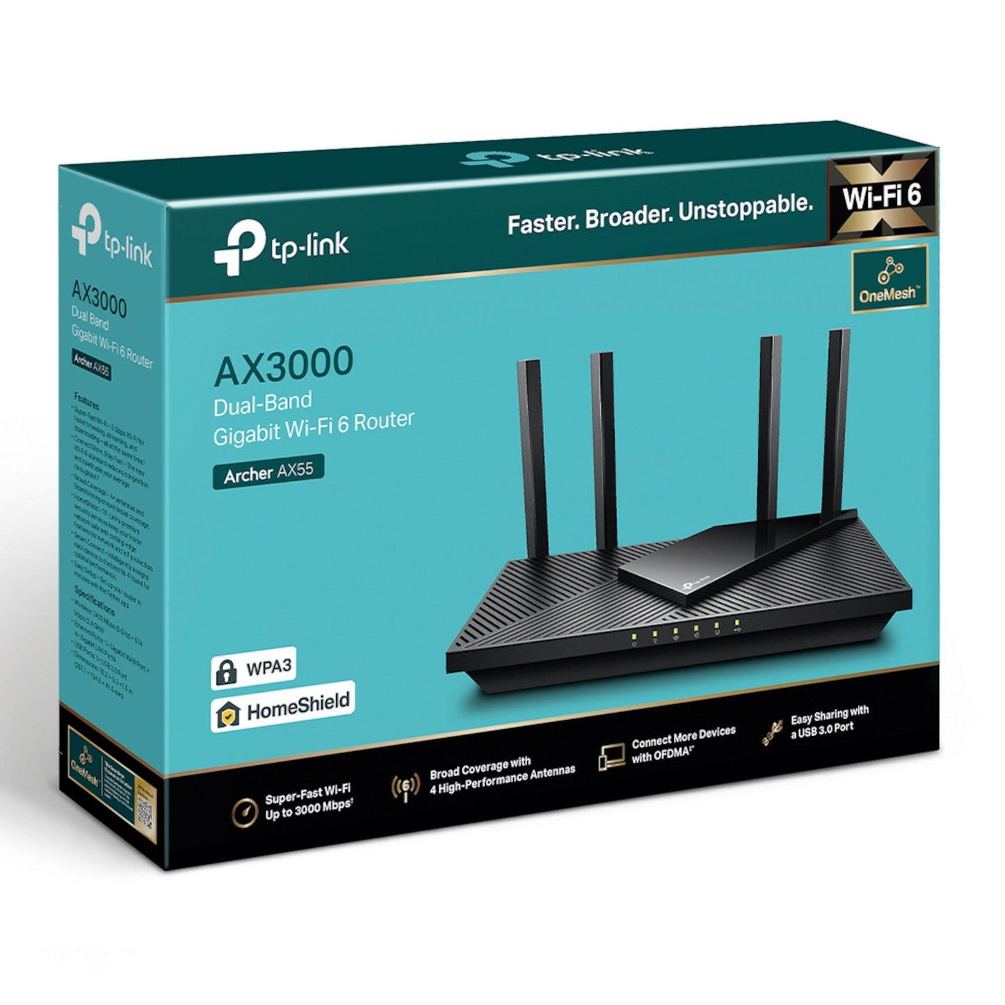 TP-Link Archer AX55 trådløs router AX3000 sort, fire antenner, mesh WiFi, OneMesh, WPA3-sikkerhed, HomeShield.