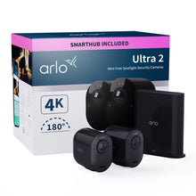 Arlo Ultra 2 Spotlight trådløs overvågningskamera 2-pak sort, "4K-opløsning", "180°", "Wire-Free Spotlight Security Cameras" på æsken.