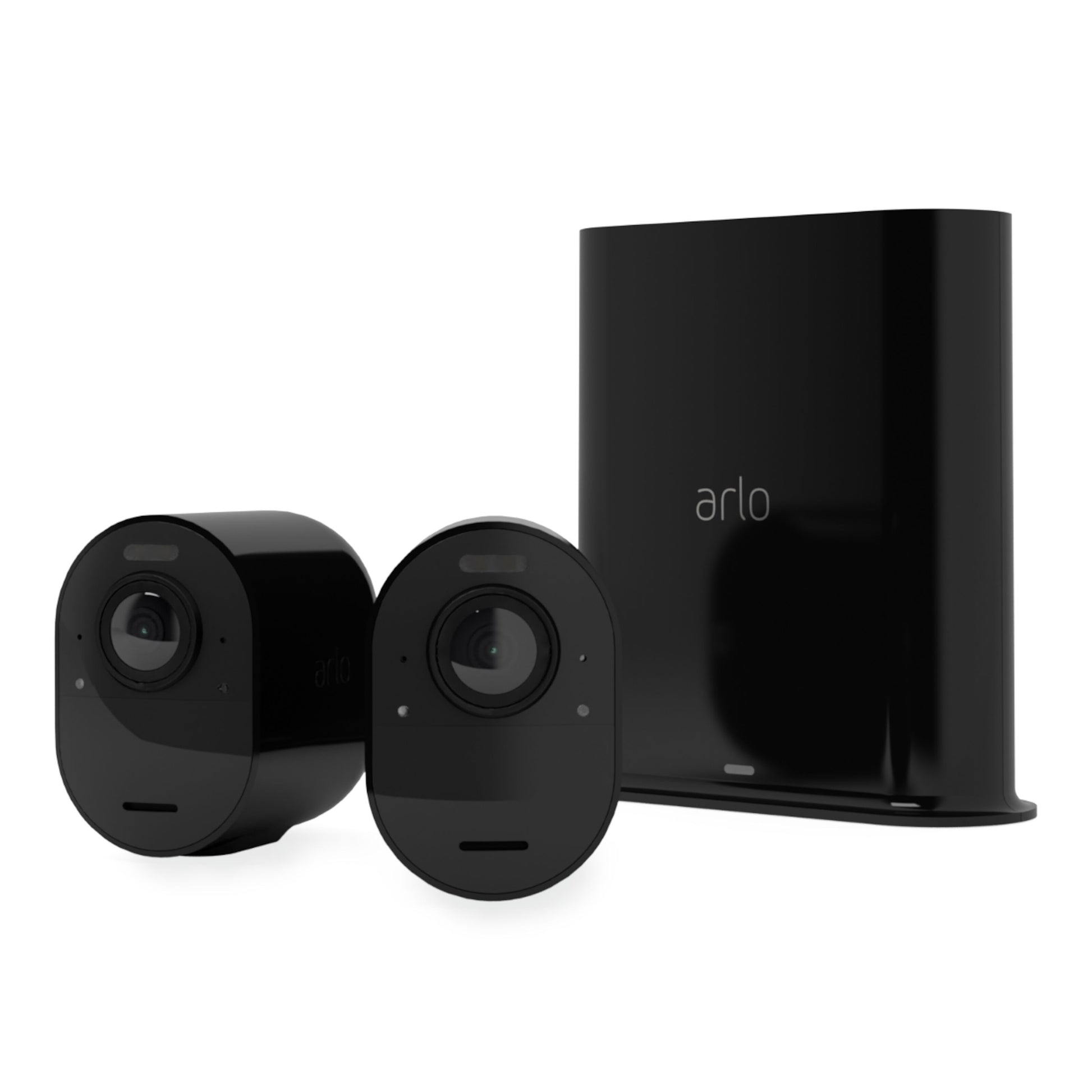 Arlo Ultra 2 Spotlight trådløs overvågningskamera 2-pak sort med baseenhed og 4K-opløsning.
