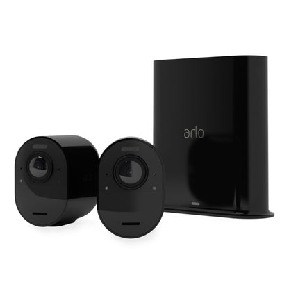 Arlo Ultra 2 Spotlight trådløs overvågningskamera 2-pak sort med baseenhed og 4K-opløsning.