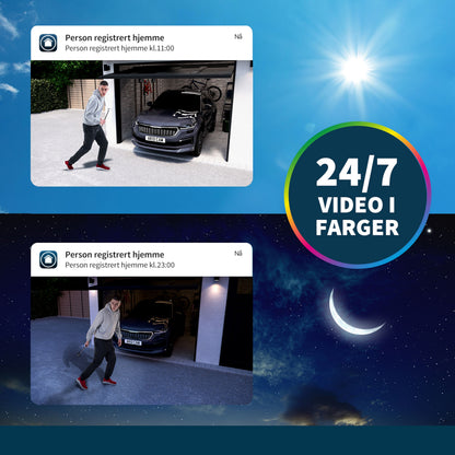 Arlo Ultra 2 Spotlight trådløs overvågningskamera 2-pak dag/nat farvebilleder, mærkat med "24/7 VIDEO I FARGER" sol/måne.