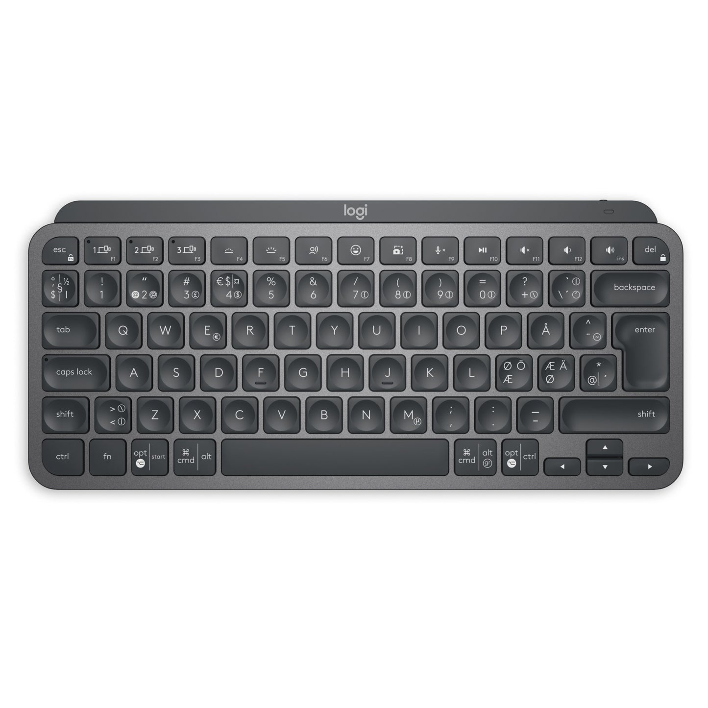 Logitech MX Keys Mini trådløst tastatur, grå, kompakt Bluetooth med sorte flade taster og hvide symboler.