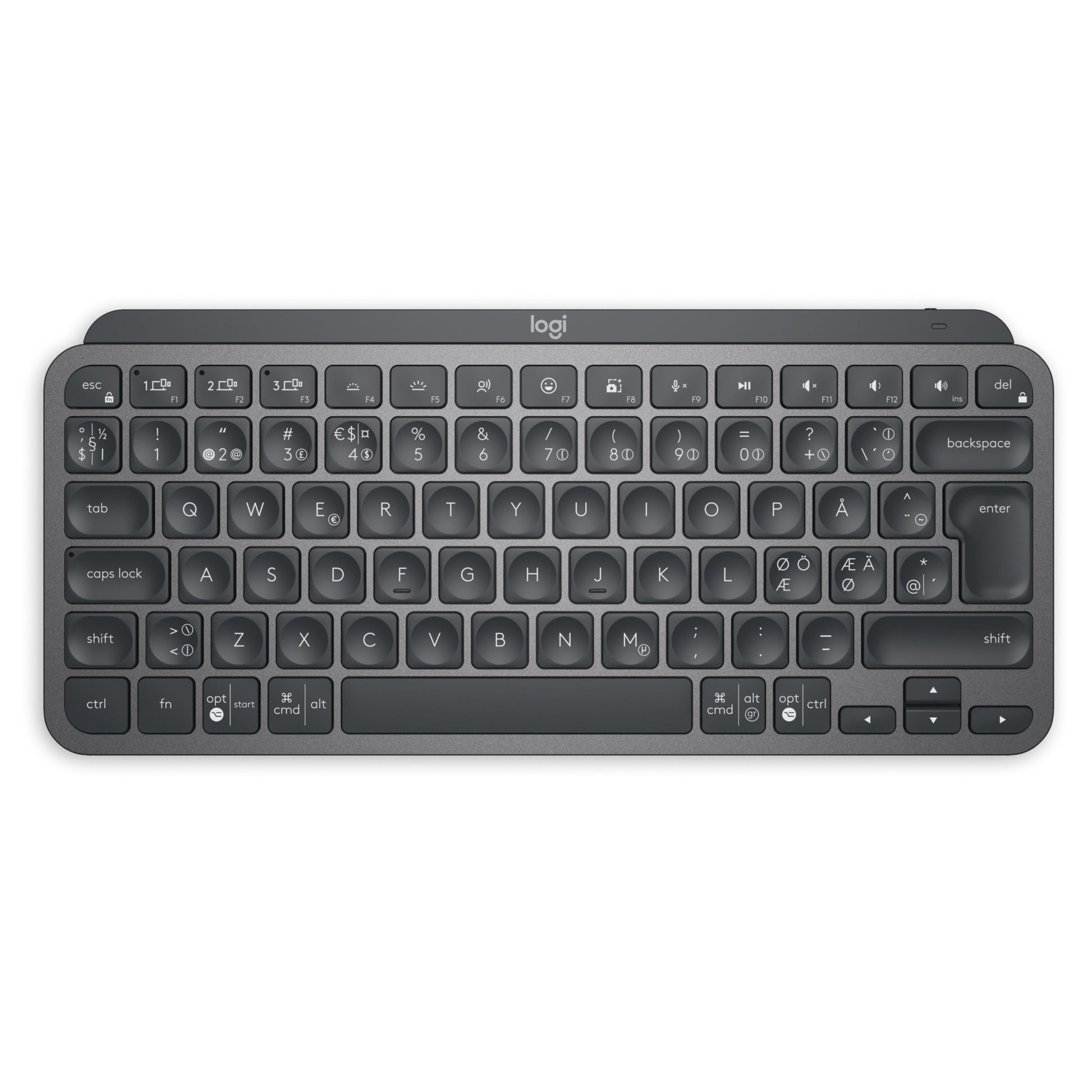 Logitech MX Keys Mini trådløst tastatur, grå, kompakt Bluetooth med sorte flade taster og hvide symboler.
