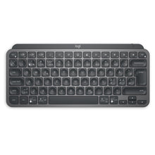 Logitech MX Keys Mini trådløst tastatur, grå, kompakt Bluetooth med sorte flade taster og hvide symboler.