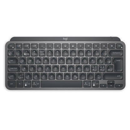 Logitech MX Keys Mini trådløst tastatur, grå, kompakt Bluetooth med sorte flade taster og hvide symboler.