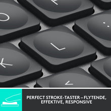 Logitech MX Keys Mini trådløst tastatur grå, nærbillede af taster med fokus på L-tasten, tekst: PERFECT STROKE-TASTER.