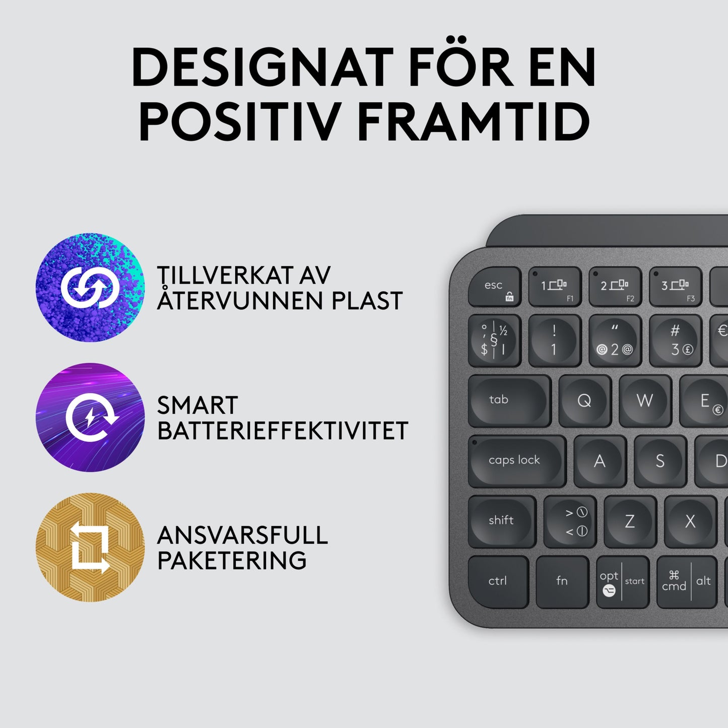 Logitech MX Keys Mini trådløst tastatur grå, hjørne synligt, ikoner til genbrugsplast, batteri, bæredygtig emballage.