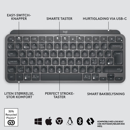 Logitech MX Keys Mini trådløst tastatur grå, norsk layout, easy-switch taster, smart belysning, USB-C opladning.