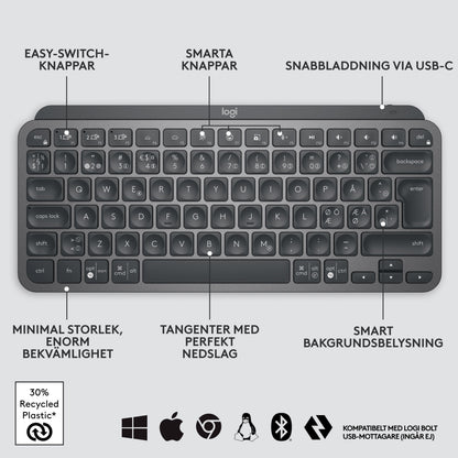 Logitech MX Keys Mini trådløst tastatur grå med svenske symboler, easy-switch knapper, USB-C, kompakt, baggrundsbelyst.