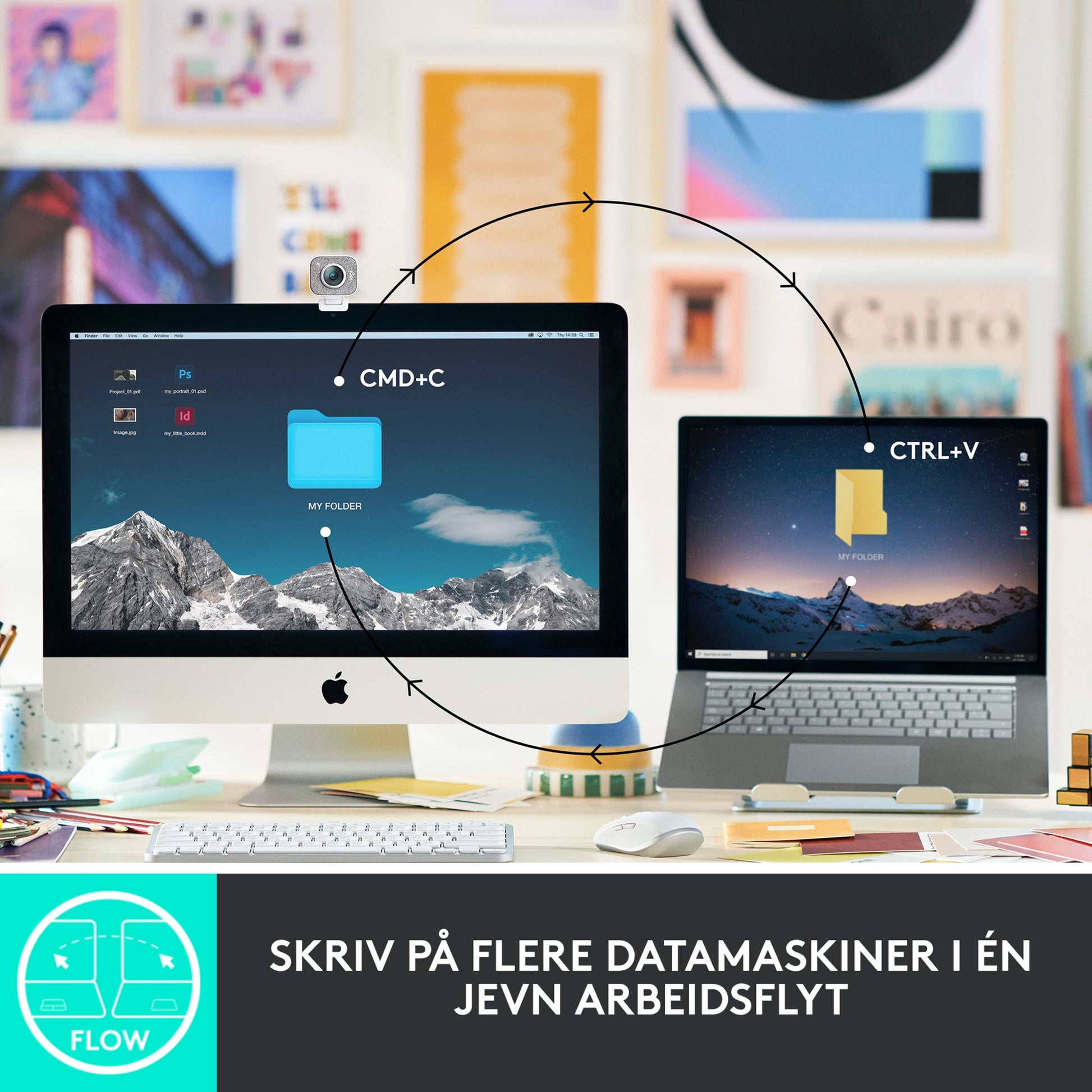 Logitech MX Keys Mini Trådløst tastatur grå, iMac webcam, laptop, Flow logo, tekst: Skriv på flere datamaskiner.