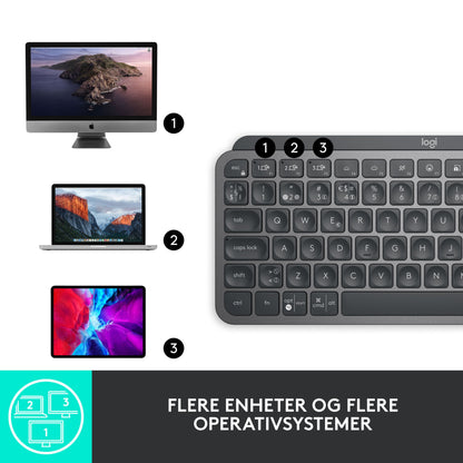 Logitech MX Keys Mini trådløst tastatur grå med 1, 2, 3 Bluetooth-knapper, norsk tekst nederst, til desktop, laptop og tablet.