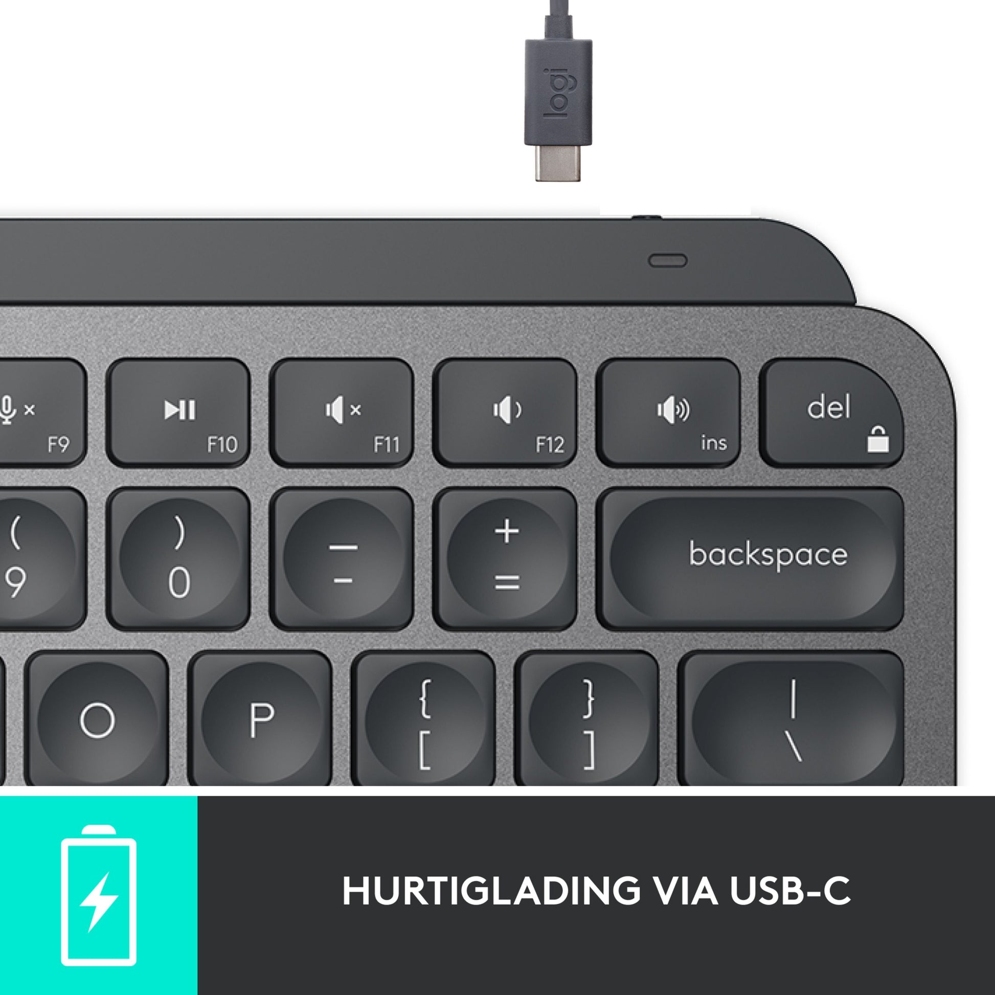 Logitech MX Keys Mini trådløst tastatur grå, top-højre hjørne med taltaster, backspace, USB-C-kabel og hurtigladsikon.