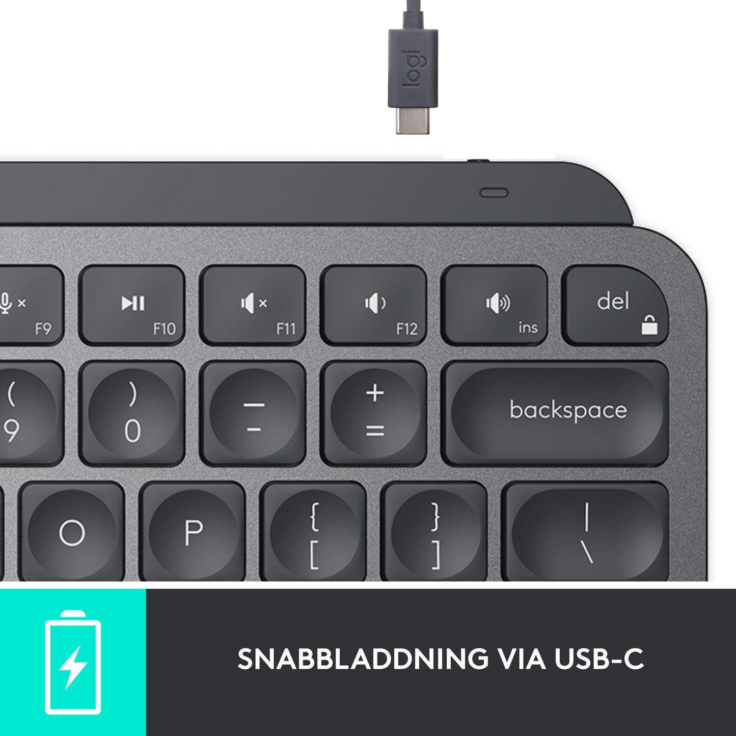 Logitech MX Keys Mini trådløst tastatur grå close-up af funktions- og taster, USB-C kabel og batteriikon med SNABBLADDNING VIA USB-C.