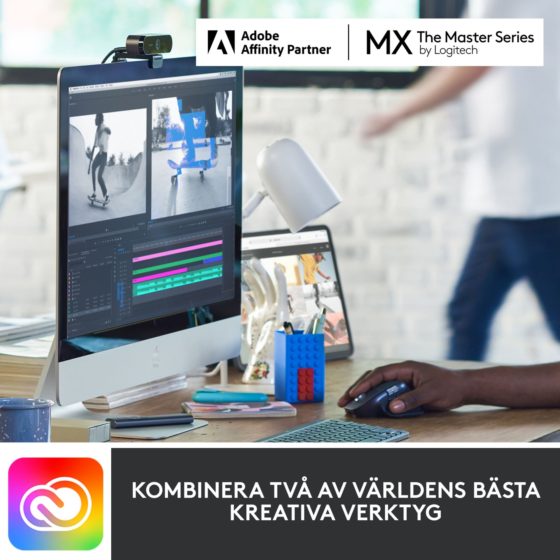 Logitech MX Keys Mini trådløst tastatur grå brugt ved computer, Adobe og Logitech logoer samt tekst om kreative værktøjer vises.
