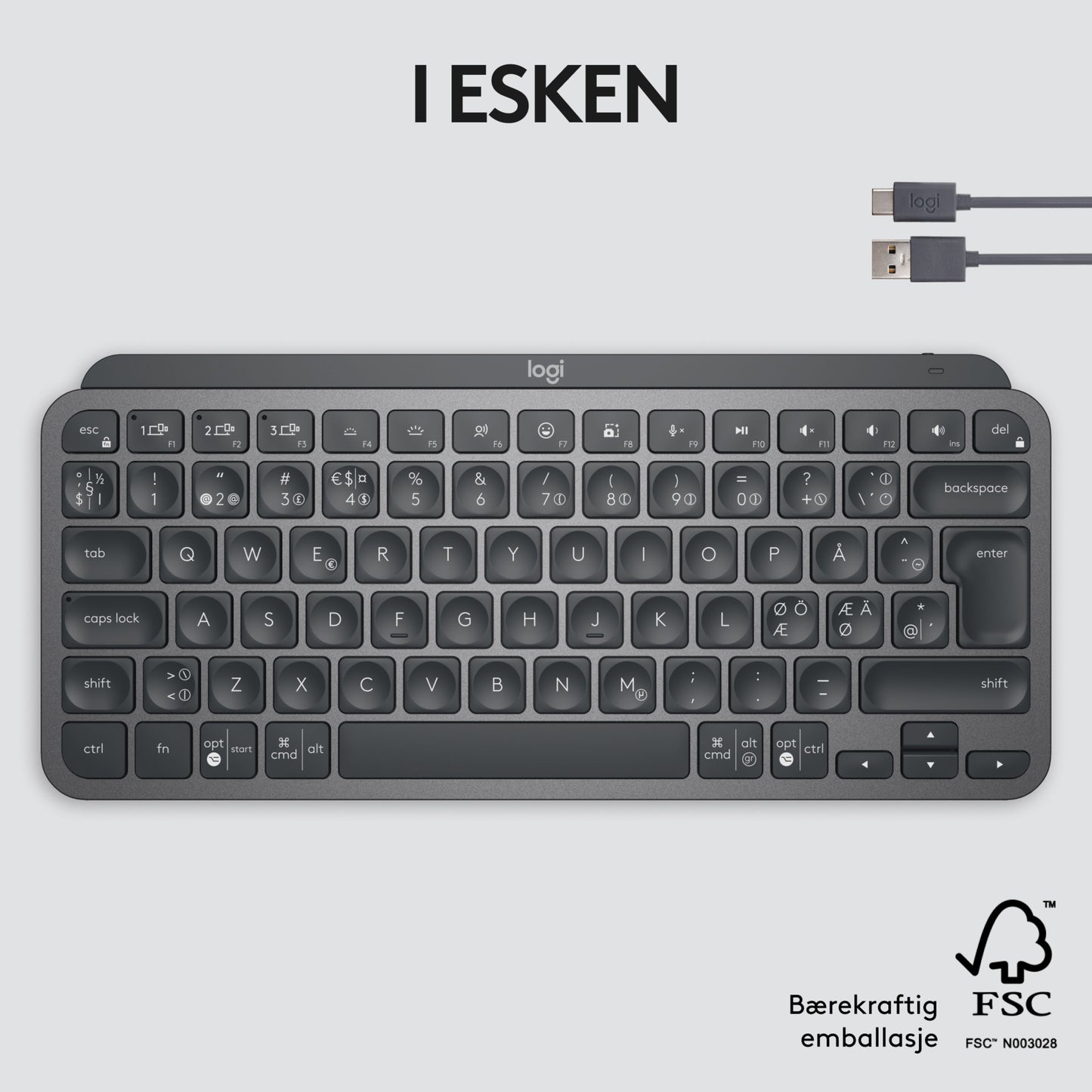 Logitech MX Keys Mini trådløst tastatur grå med USB-kabel, I ESKEN-tekst og FSC/bæredygtigheds-logoer.