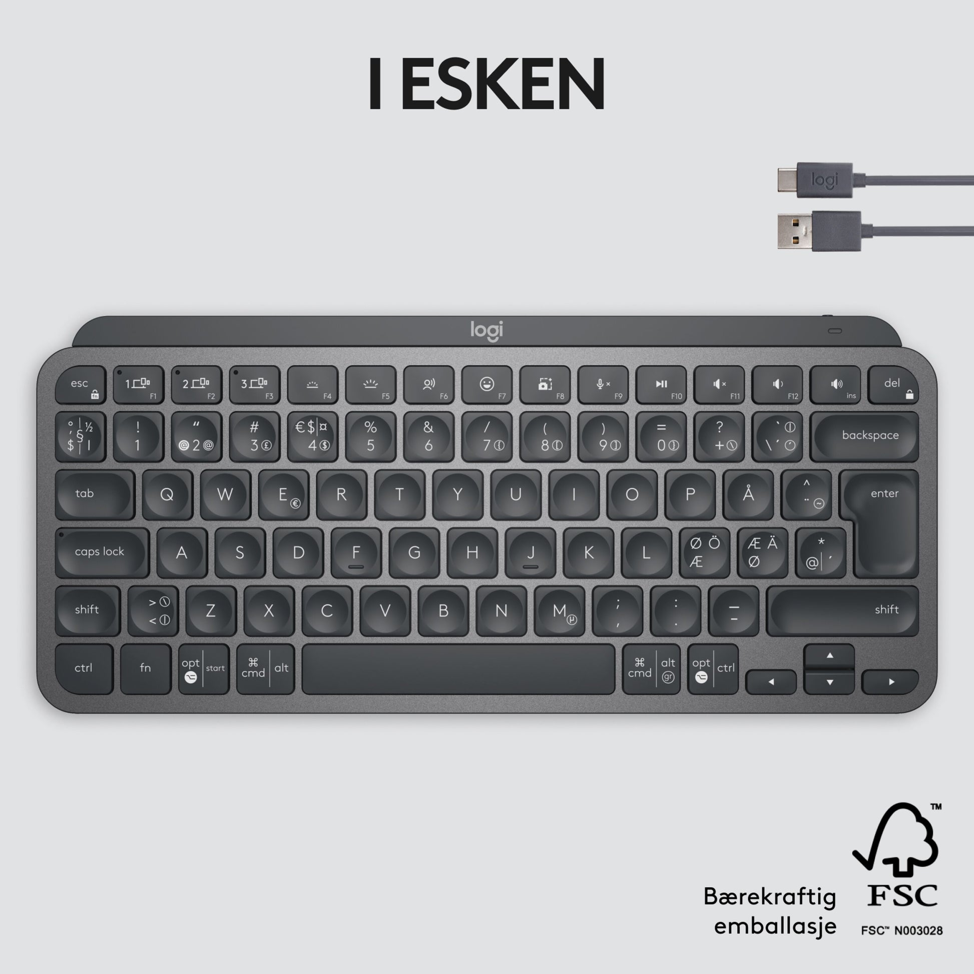 Logitech MX Keys Mini trådløst tastatur grå med USB-kabel, I ESKEN-tekst og FSC/bæredygtigheds-logoer.