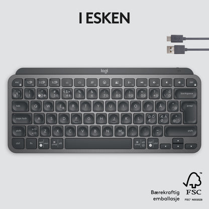 Logitech MX Keys Mini trådløst tastatur grå med USB-kabel, I ESKEN-tekst og FSC/bæredygtigheds-logoer.
