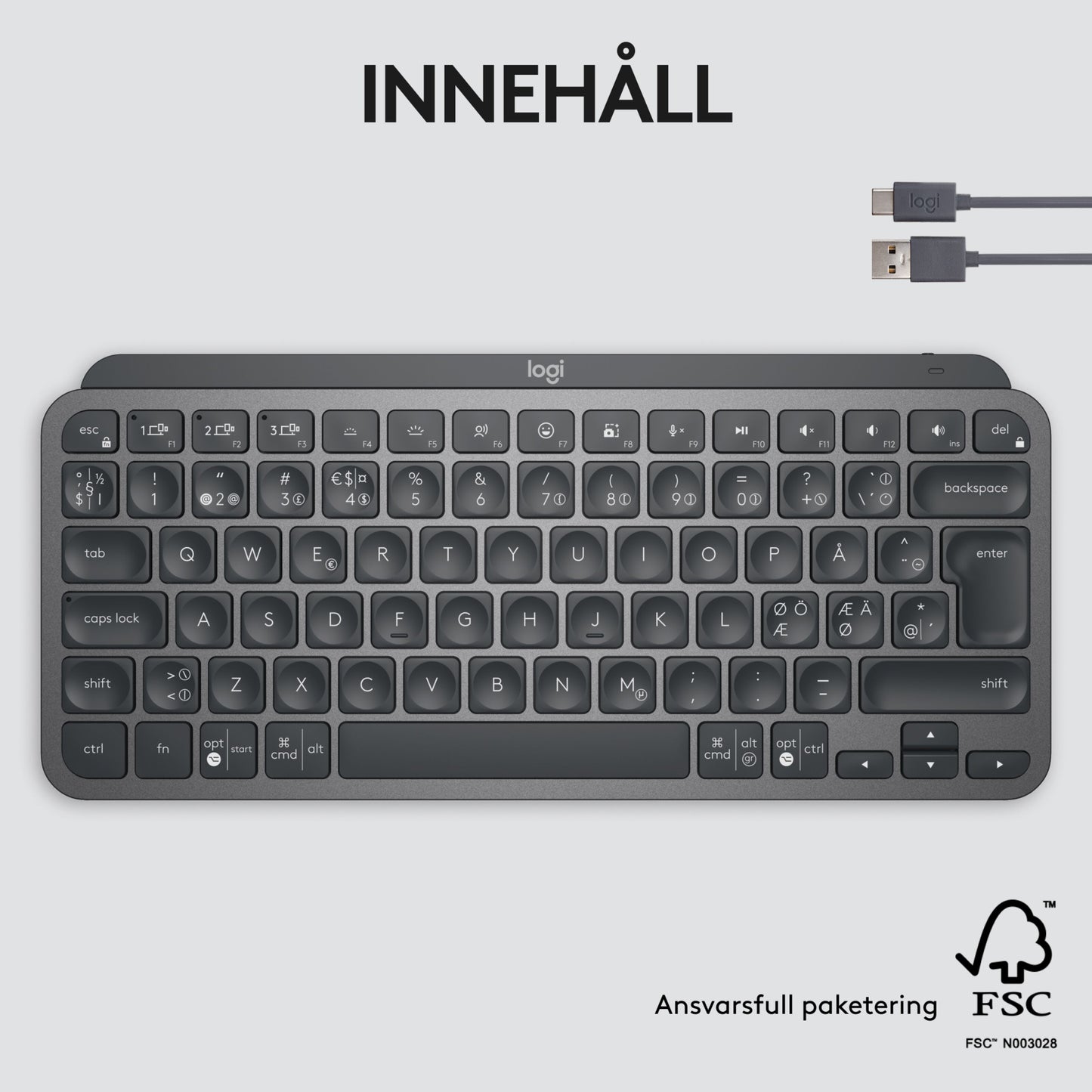 Logitech MX Keys Mini trådløst tastatur grå med runde taster, svensk layout, USB-kabel og miljømærker på emballagen.