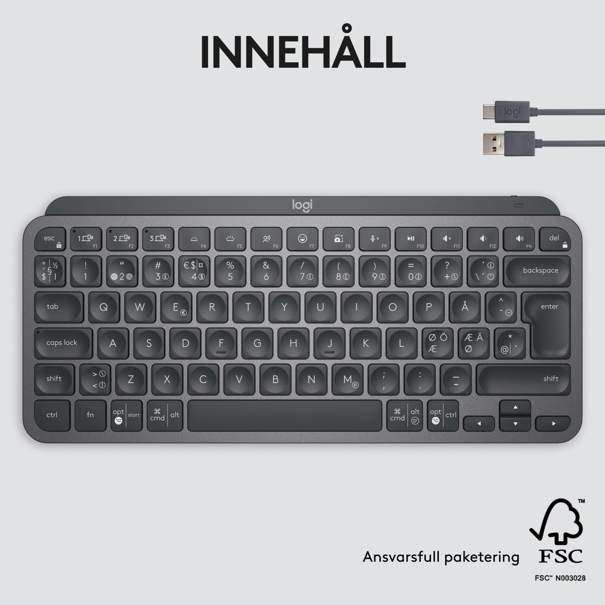 Logitech MX Keys Mini trådløst tastatur grå med runde taster, svensk layout, USB-kabel og miljømærker på emballagen.