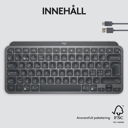 Logitech MX Keys Mini trådløst tastatur grå med runde taster, svensk layout, USB-kabel og miljømærker på emballagen.