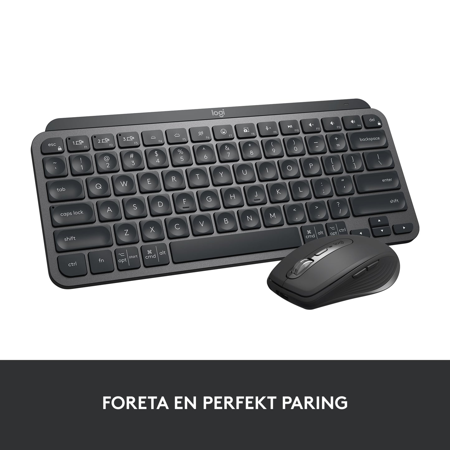 Logitech MX Keys Mini trådløst tastatur, grå, svensk tekst "Foreta en perfekt paring" synlig nederst.