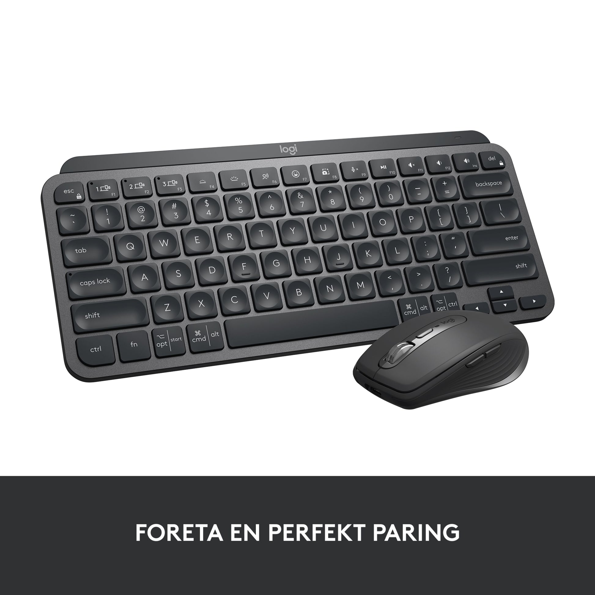 Logitech MX Keys Mini trådløst tastatur, grå, svensk tekst "Foreta en perfekt paring" synlig nederst.
