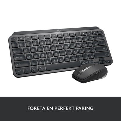 Logitech MX Keys Mini trådløst tastatur, grå, svensk tekst "Foreta en perfekt paring" synlig nederst.