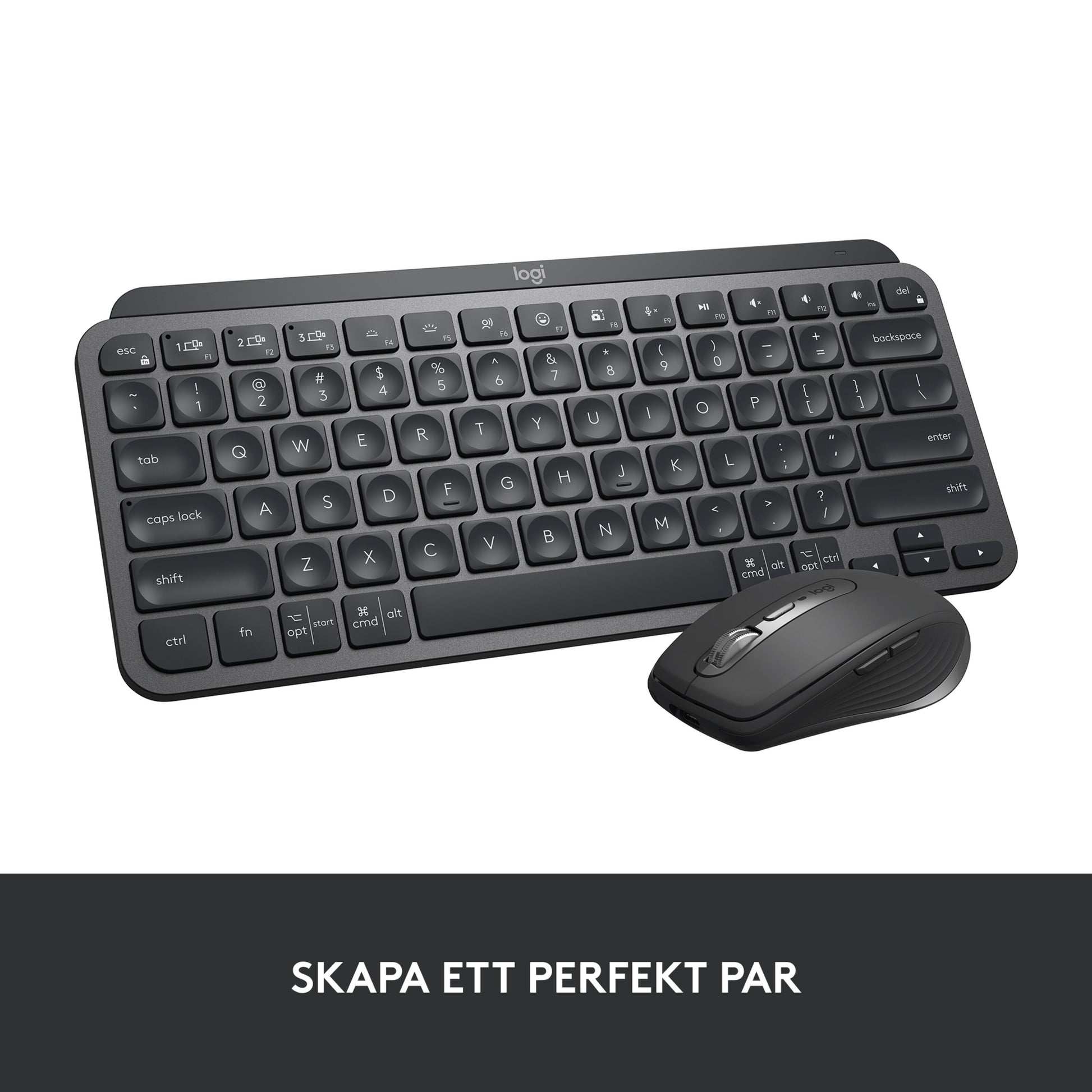 Logitech MX Keys Mini trådløst tastatur grå, banner med svensk tekst 'SKAPA ETT PERFEKT PAR'.