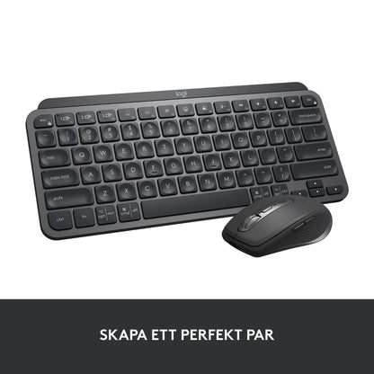 Logitech MX Keys Mini trådløst tastatur grå, banner med svensk tekst 'SKAPA ETT PERFEKT PAR'.
