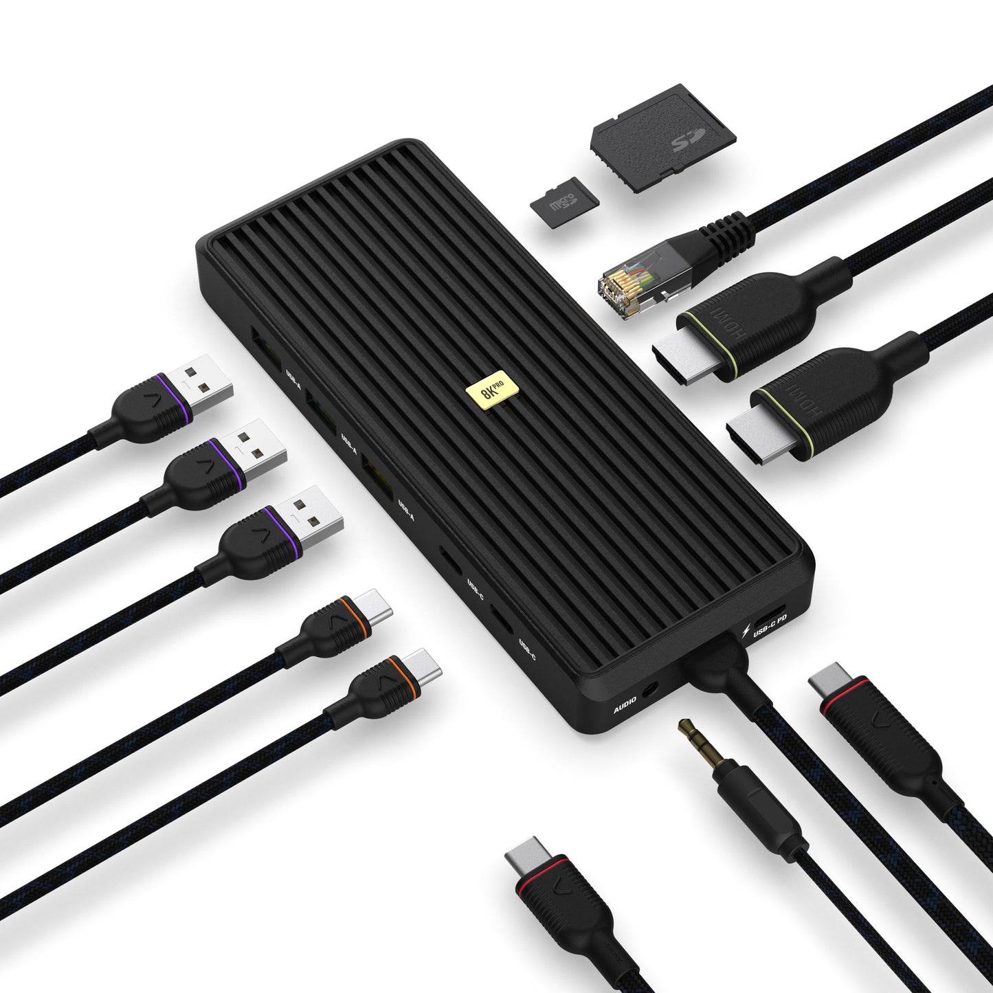 USB-C-hub 12 porte 8K, sort rillet, USB-A, USB-C, HDMI (dobbelt), Ethernet, lydstik og SD kortslot.