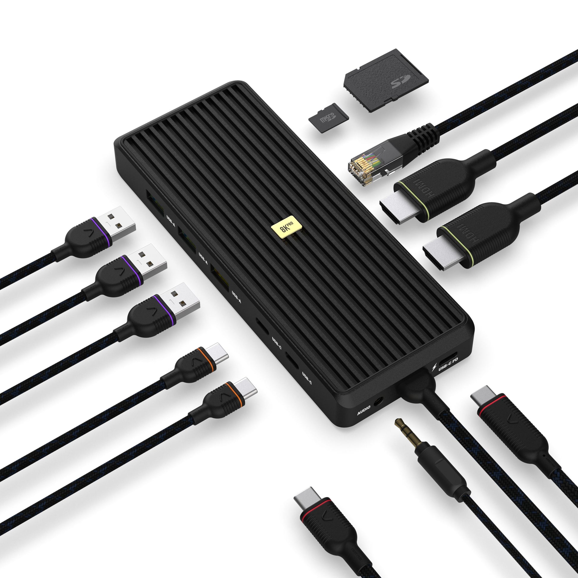 USB-C-hub 12 porte 8K, sort rillet, USB-A, USB-C, HDMI (dobbelt), Ethernet, lydstik og SD kortslot.