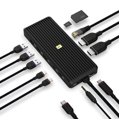 USB-C-hub 12 porte 8K, sort rillet, USB-A, USB-C, HDMI (dobbelt), Ethernet, lydstik og SD kortslot.