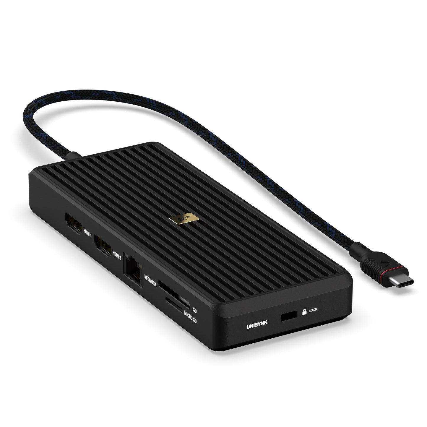 Unisynk USB-C Hub 12 porte 8K sort dockingstation med HDMI, USB-A, Ethernet, SD/microSD, riflet overflade og flettet kabel.