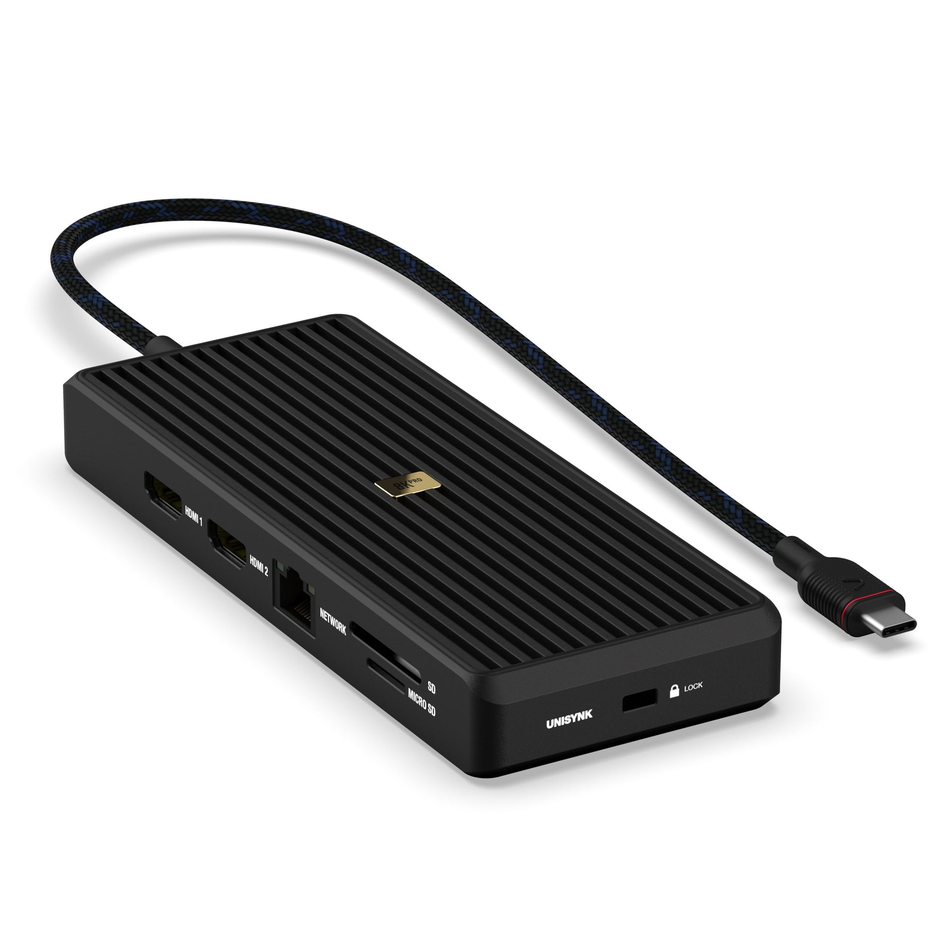 Unisynk USB-C Hub 12 porte 8K sort dockingstation med HDMI, USB-A, Ethernet, SD/microSD, riflet overflade og flettet kabel.