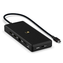 Unisynk USB-C Hub 12 porte 8K sort dockingstation med HDMI, USB-A, Ethernet, SD/microSD, riflet overflade og flettet kabel.