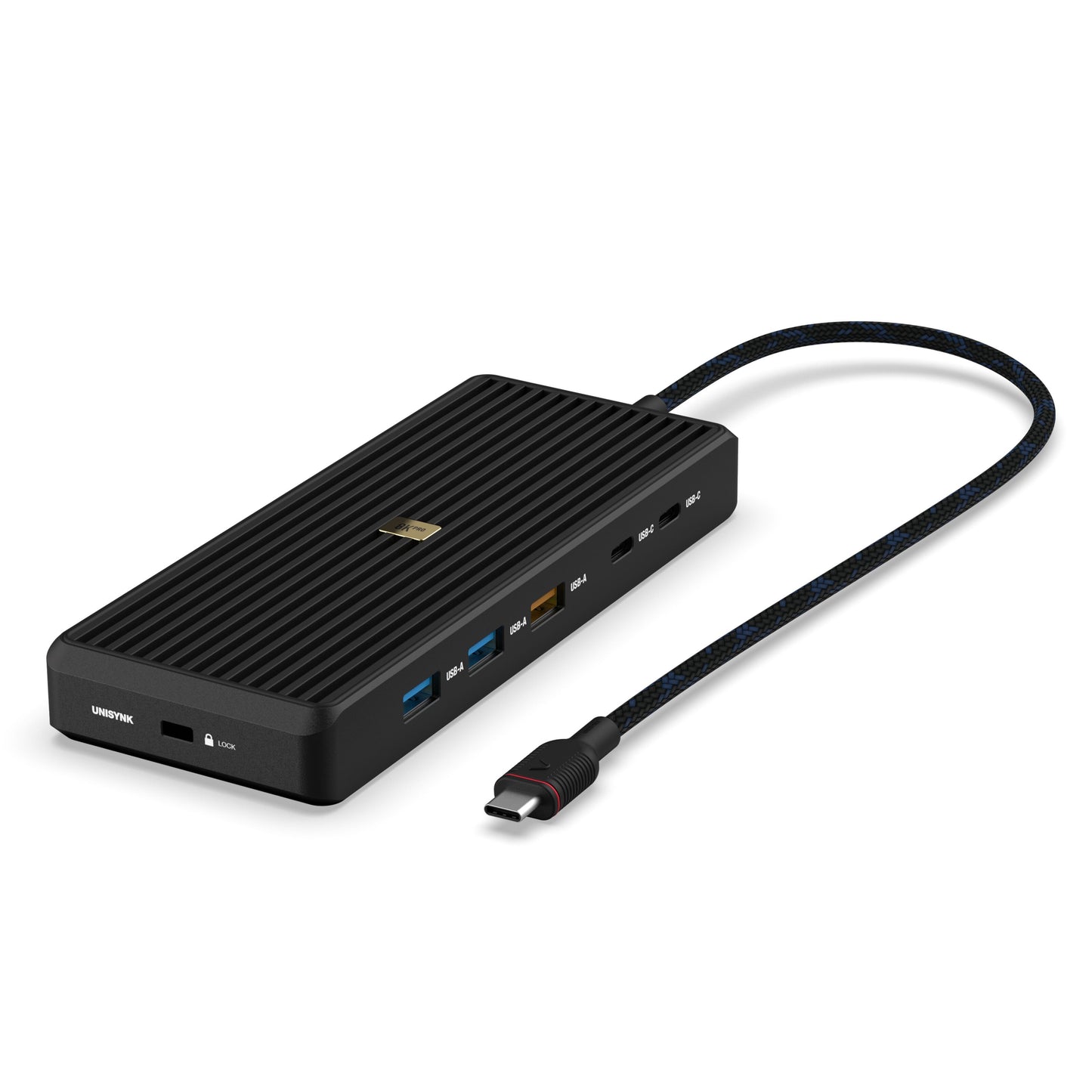 USB-C-hub 12 porte 8K sort, riflede sider, flettet kabel, USB-C stik, USB, HDMI dobbelt skærm, SD-kortslot, Ethernet.