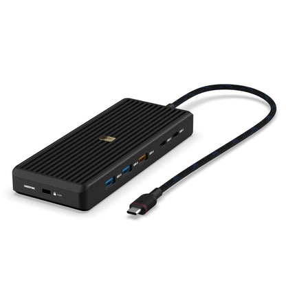 USB-C-hub 12 porte 8K sort, riflede sider, flettet kabel, USB-C stik, USB, HDMI dobbelt skærm, SD-kortslot, Ethernet.