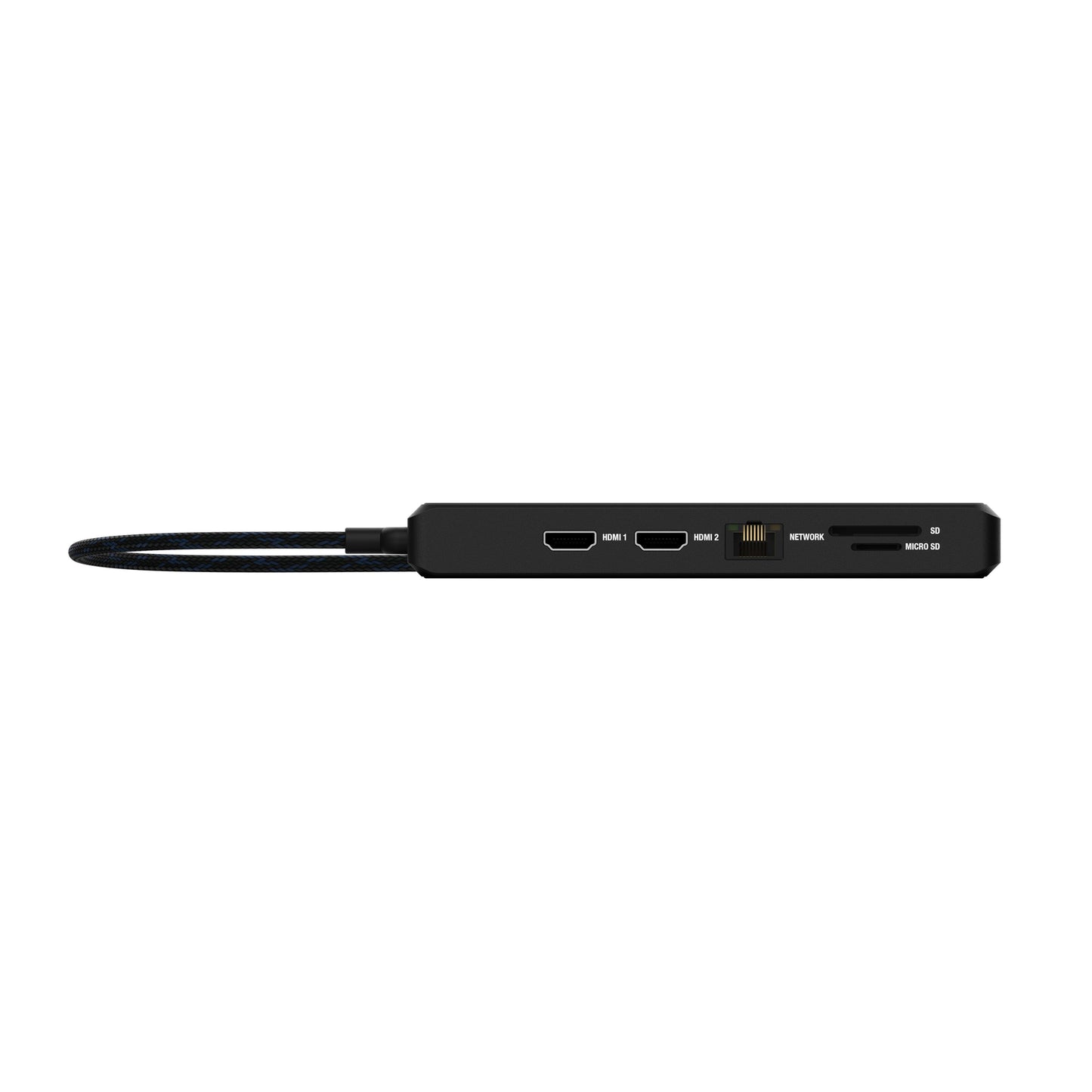 Unisynk USB-C Hub 12 porte 8K til dobbelt skærme, sort, HDMI, 2x USB-C, Ethernet, SD/MicroSD, flettet kabel venstre.