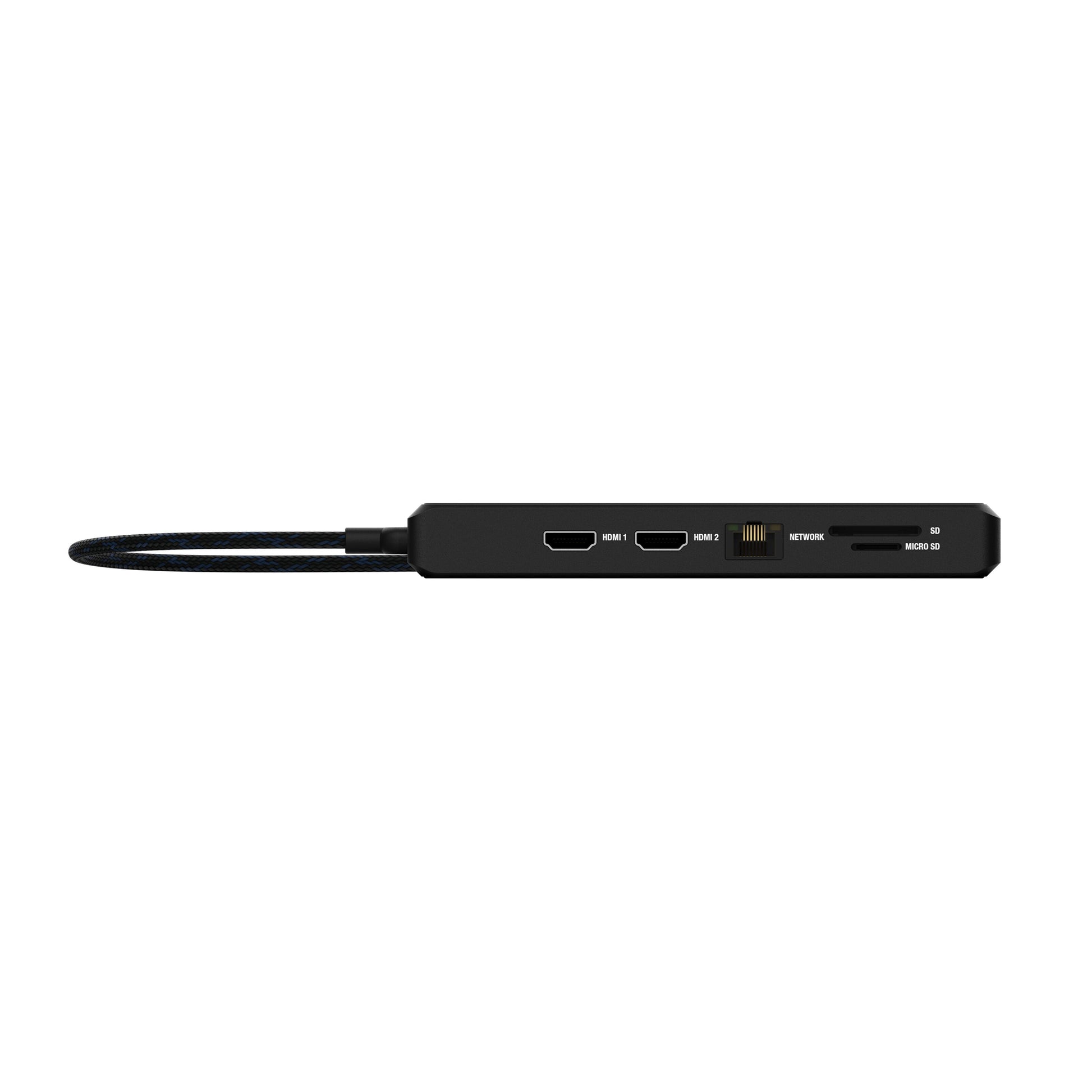 Unisynk USB-C Hub 12 porte 8K til dobbelt skærme, sort, HDMI, 2x USB-C, Ethernet, SD/MicroSD, flettet kabel venstre.