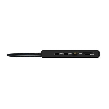 Unisynk USB-C Hub 12 porte 8K til dobbelt skærme, sort, HDMI, 2x USB-C, Ethernet, SD/MicroSD, flettet kabel venstre.