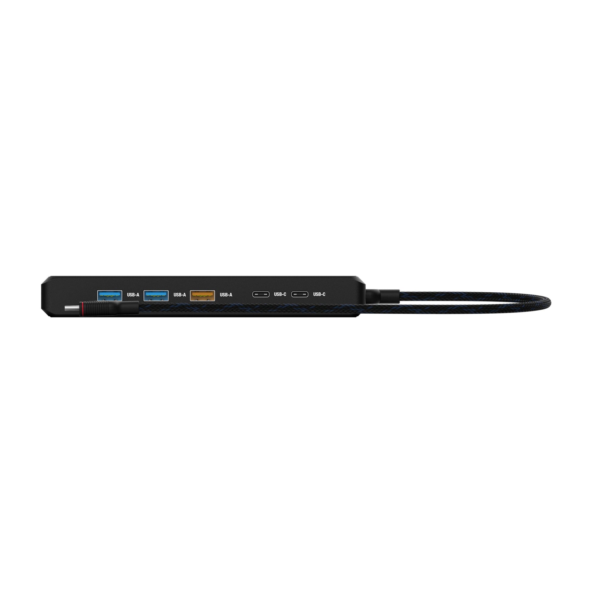Unisynk USB-C-hub 12 porte sort, tre USB-A, to USB-C, højre kabel, front etiketter, understøtter dobbelt 8K-skærme.