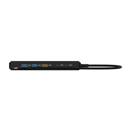 Unisynk USB-C-hub 12 porte sort, tre USB-A, to USB-C, højre kabel, front etiketter, understøtter dobbelt 8K-skærme.