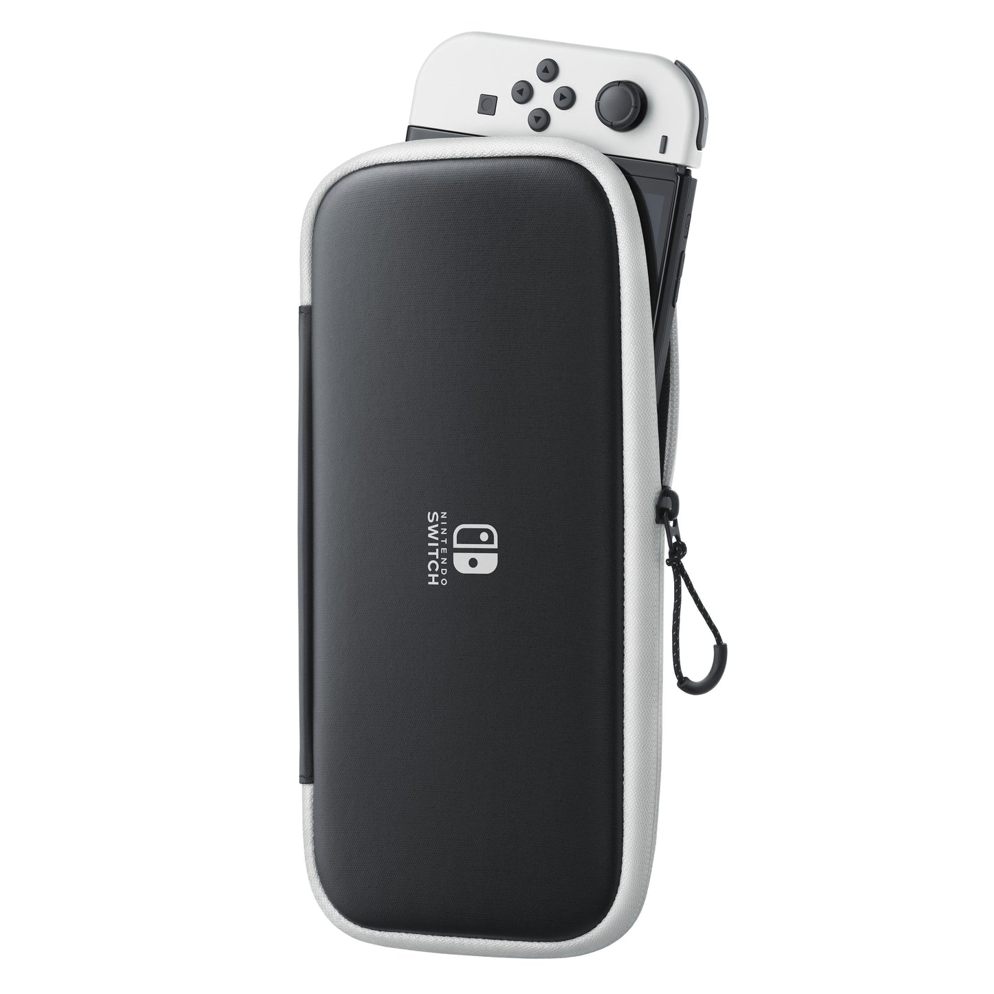 Nintendo taske sort/hvid til Switch og Switch OLED med lynlås, delvist åben med Switch-konsol og beskyttelsesfilm synlig.