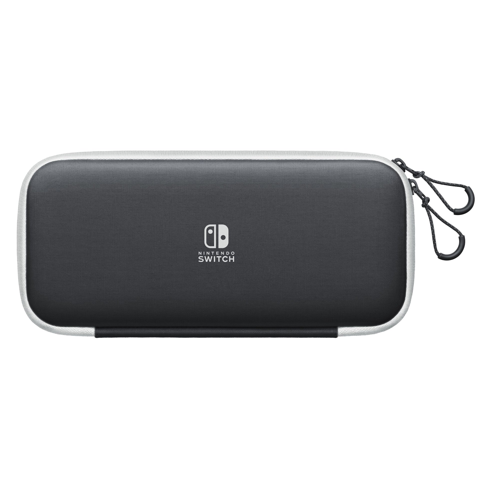Nintendo Switch taske sort med hvid lynlås, to lynlåstræk og hvidt Nintendo Switch-logo til Switch og Switch OLED.