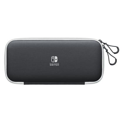 Nintendo Switch taske sort med hvid lynlås, to lynlåstræk og hvidt Nintendo Switch-logo til Switch og Switch OLED.