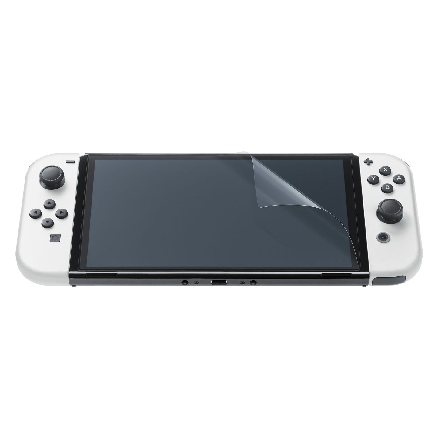 Nintendo Switch/Switch OLED taske med hvid controller og beskyttelsesfilm delvist fjernet for synlig skærm.