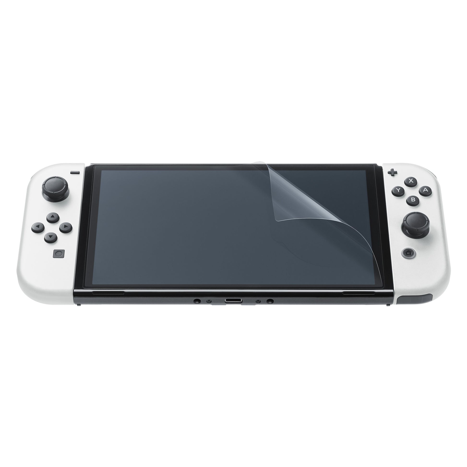Nintendo Switch/Switch OLED taske med hvid controller og beskyttelsesfilm delvist fjernet for synlig skærm.
