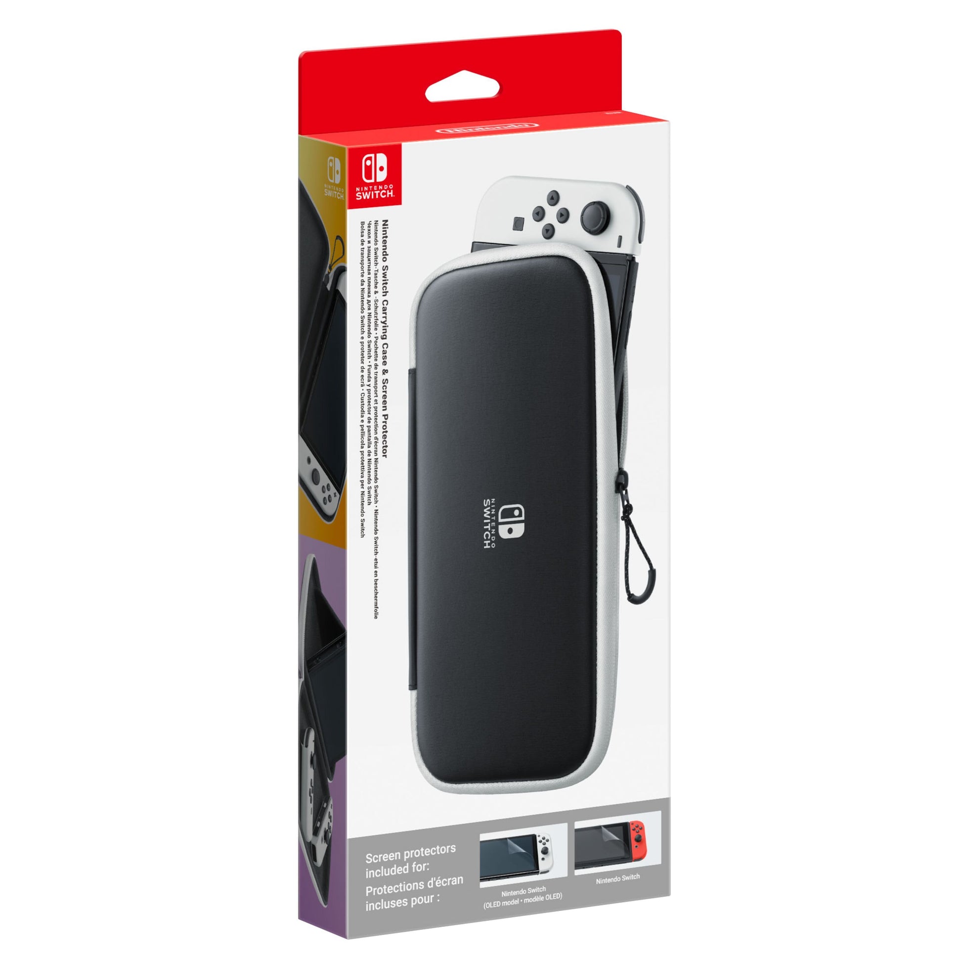 Nintendo Switch taske sort med hvid kant til Switch og Switch OLED, emballage viser beskyttelsesfilm og hvid Switch Lite.