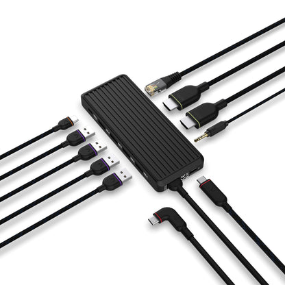 Unisynk USB-C-Hub 10 porte til dobbelt skærm Windows med HDMI, Ethernet, lydstik og opladning.
